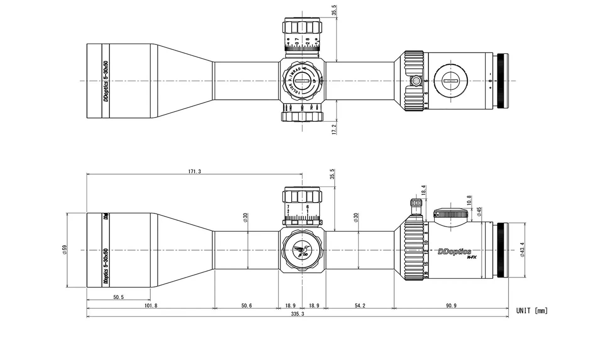Technische Zeichnung des DDoptics Nighteagle V6 5-30x50 NFX Zielfernrohrs